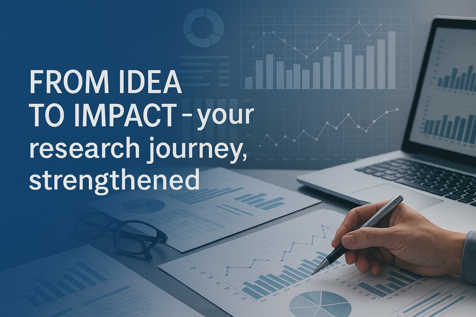 Professional research data analysis workspace showing a person analyzing statistical charts, graphs, and business intelligence reports on paper and laptop. Image text reads: FROM IDEA TO IMPACT - your research journey, strengthened